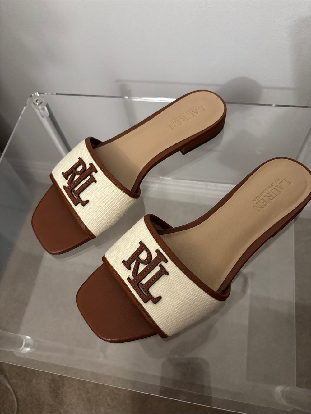Ralph Lauren Cream Canvas & Brown Leather Trim RLL Slide Mules